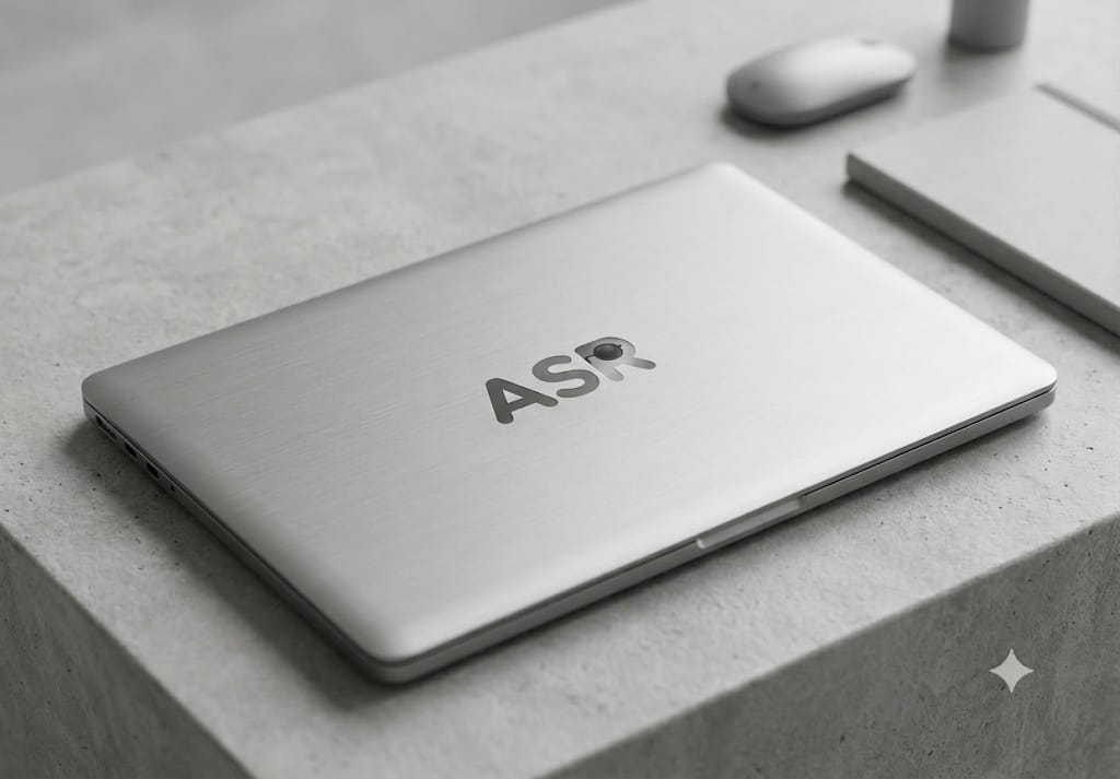Laptop ASR perak terpejam dengan grafir logo ASR premium di penutupnya