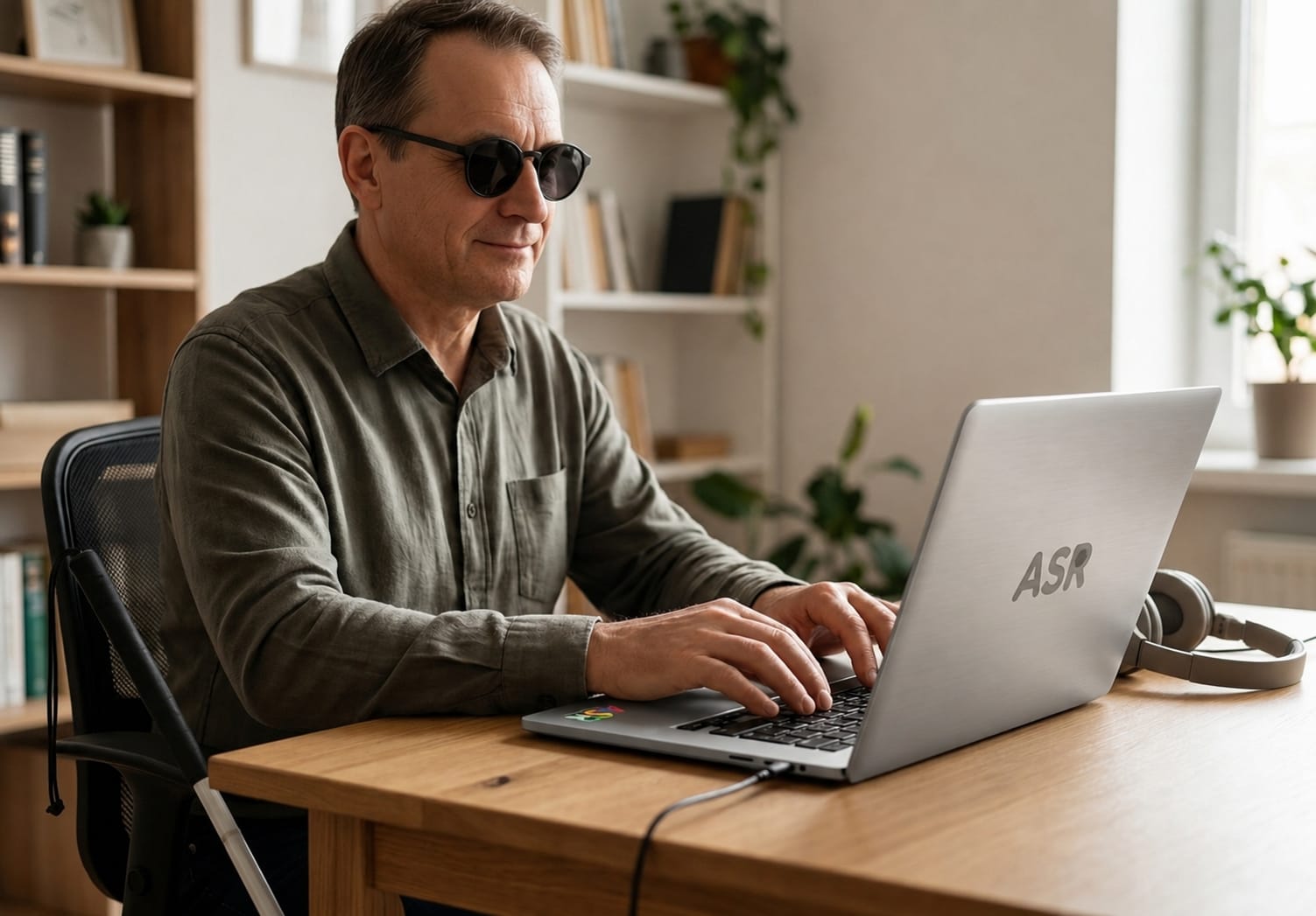 Pria tunanetra menggunakan Laptop ASR secara mandiri di meja kerja