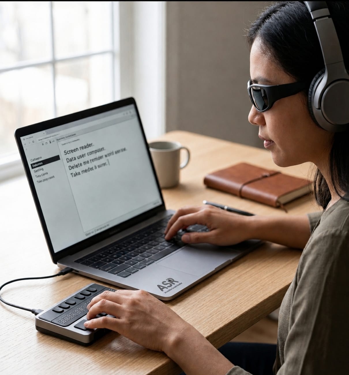 Siti menggunakan Laptop ASR dengan headphones dan perangkat braille